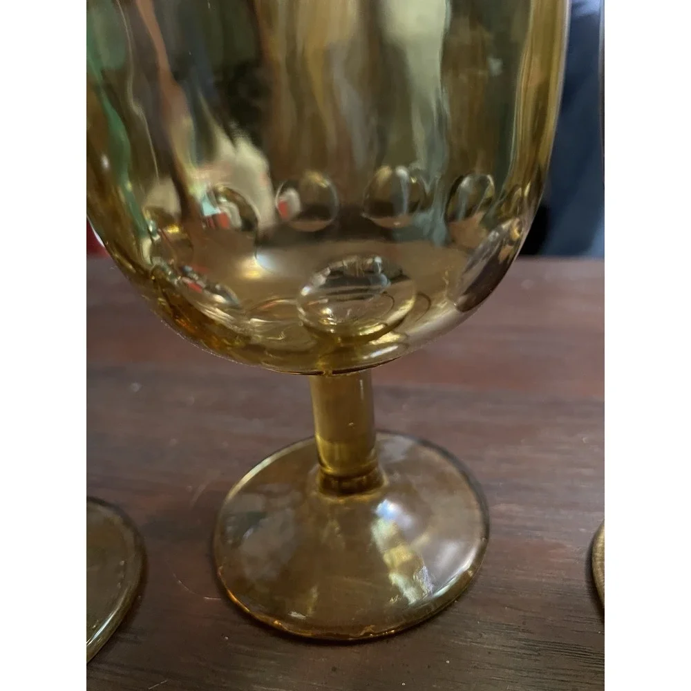 Set Of Three Amber Goblets: One Is A Thumbprint And Two Are Veined